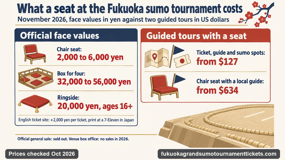 Infographic comparing Fukuoka sumo seat prices: official chair seats 2,000 to 6,000 yen, boxes for four 32,000 to 56,000 yen and ringside 20,000 yen, against guided tours with a seat from $127 and $634