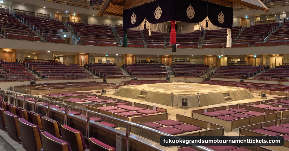 Rows of box seats with flat cushions near a sumo ring and chair seats rising behind them, before the doors open