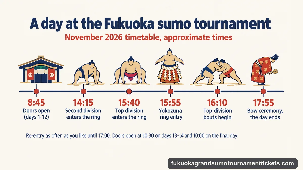 Timeline infographic of a sumo tournament day in Fukuoka: doors at 8:45, second-division ring entry about 14:15, top-division ring entry about 15:40, the yokozuna about 15:55, top bouts from about 16:10 to the bow ceremony about 17:55