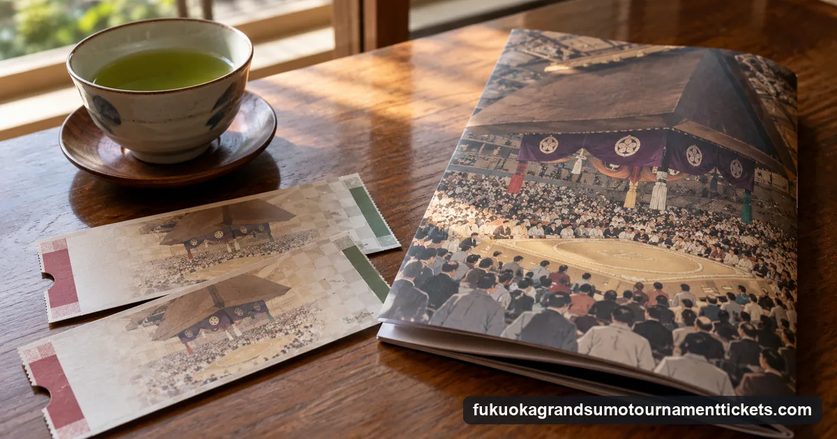 Two paper event tickets and a folded tournament programme on a wooden table beside a cup of green tea
