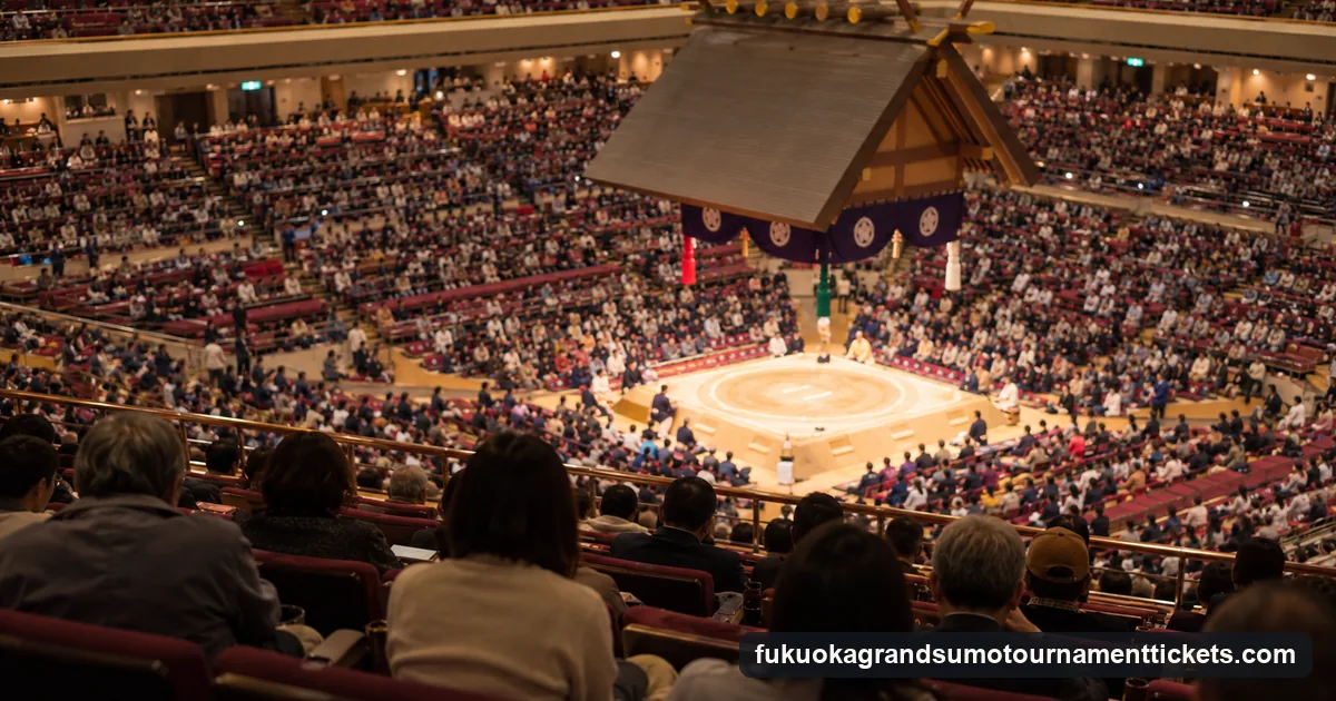 Spectators in the upper chair seats watching the sumo ring far below between bouts