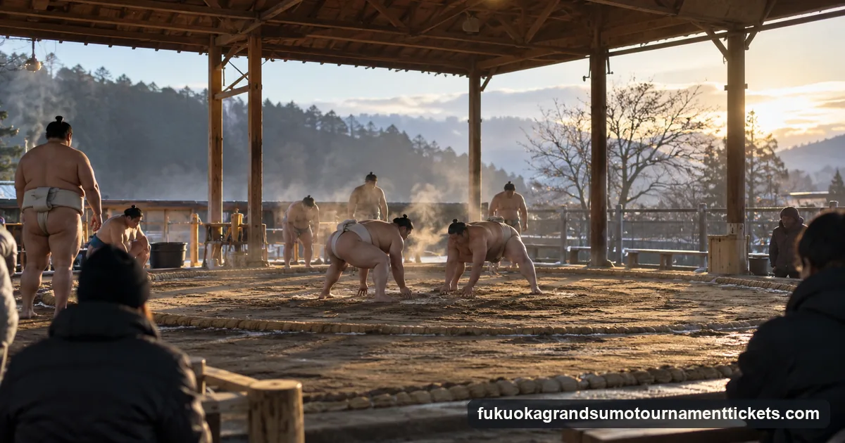 Sumo wrestlers in practice belts on a sand ring under a simple roof on a cold morning, a few visitors watching